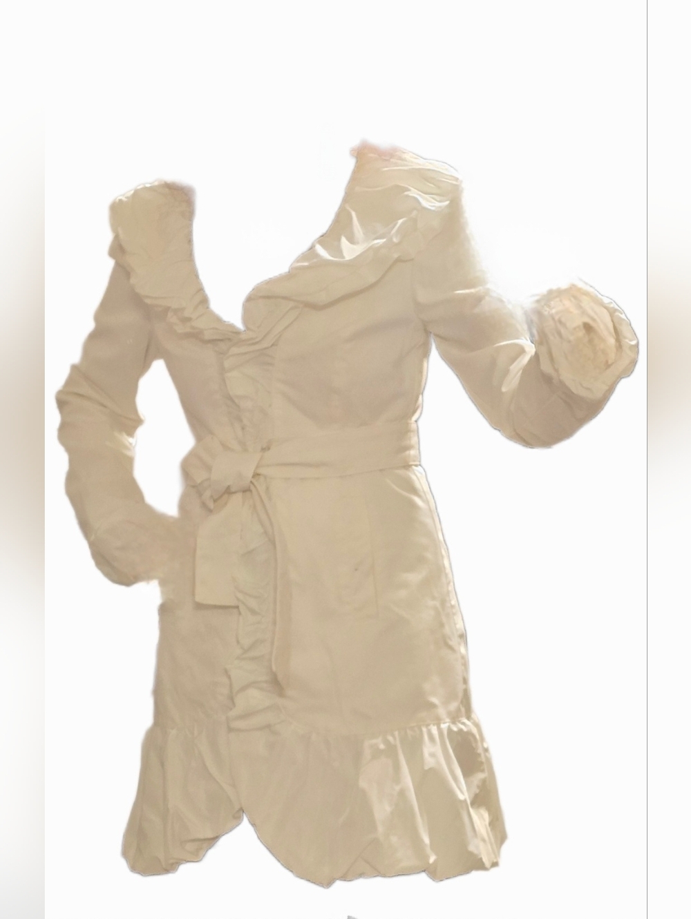 Bebe Ivory Ruffle-Trimmed Trench Coat with Belt Size Small, Like New. - Picture 3 of 17